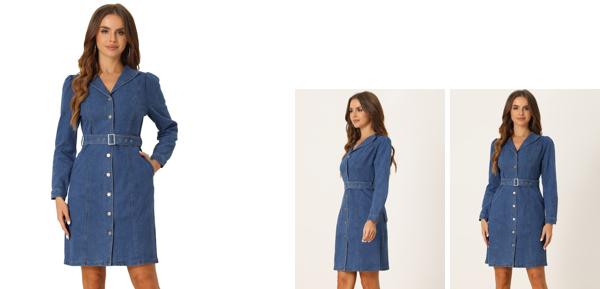 Allegra K ジーンズドレス デニム シャツドレス 長袖 ボタンダウン ラペル襟付き ベルトポケット付き レディース ブルー XLの通販は 5,238円