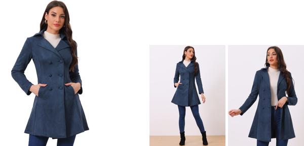 Allegra K ロングコート ジャケット ダブルブレスト ノッチドラペル 冬 エレガント レディース ダークブルー Sの通販は 5,994円