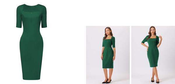 Hobemty レディース シースドレス スクエアネック ジップアップ 半袖 ワークワンピース ペンシルドレス グリーン 2XLの通販は