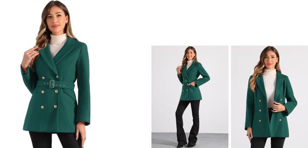 ダークグリーン ダブルブレスト ロングコート Allegra K ロングコート ジャケット ダブルブレスト スタンド