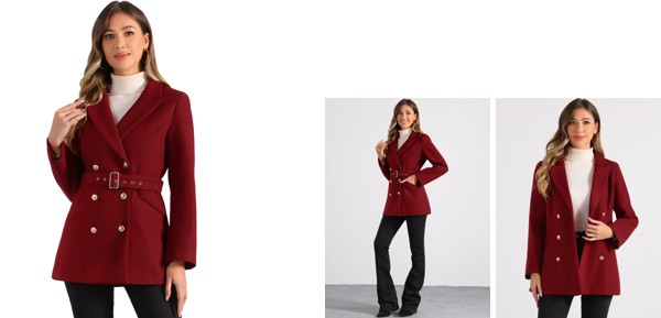 Allegra K ピーコート 長袖 ウィンター アウトウェア ベルト付き ノッチ付き ラペル ダブルブレスト レディース ダークレッド XSの通販は