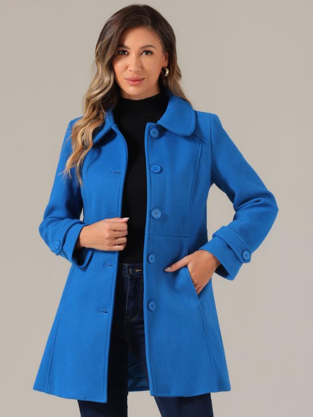 Allegra K ロングコート アウター 丸襟 シングルブレスト ボタン レディース ロイヤルブルー M