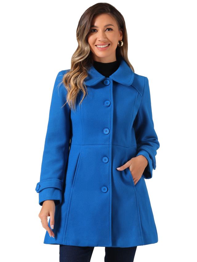 Allegra K ロングコート アウター 丸襟 シングルブレスト ボタン レディース ロイヤルブルー M