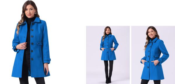 Allegra K ロング アウトウェア 冬 コート ポケット付きジャケット シングルブレスト レディース シーブルー Lの通販は 6,401円