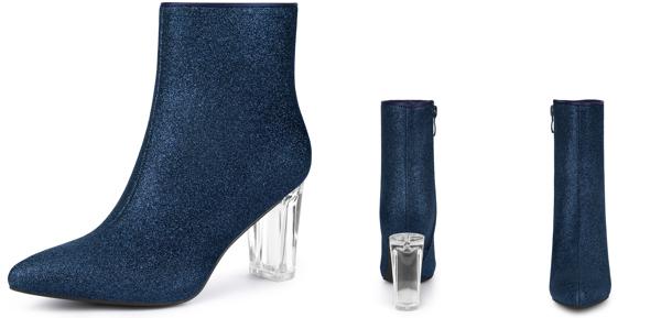 Allegra K アンクルブーツ スパンコール 光沢 クリア チャンキーヒール ポインテッドトゥ レディース ネイビーブルー 23.5 cmの通販は