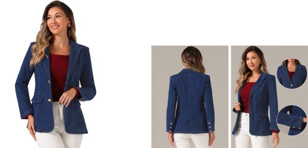 Allegra K レディース ラペルブレザー デニム シングルブレスト ショルダーパッド ビジネスカジュアルジャケット ダークネイビー Sの通販は