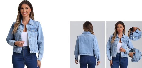 Allegra K レディース デニムジャケット ヴィンテージ カジュアルカラー 長袖 ボタンダウン ジーンズ クロップドコート ライトブルー XLの通販は