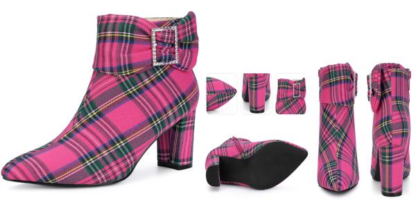 Perphy 女性のためのチェック柄のとがったつま先のラインストーンの弓ジッパーチャンキーヒールアンクルブーツ ホットピンク 26.5cm 4,838円