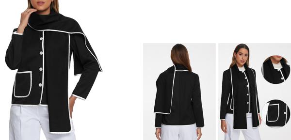 Allegra K レディース エレガントコート スカーフジャケット ボタンダウン ポケット カジュアル 冬用コート コントラストトリム ブラック XSの通販は