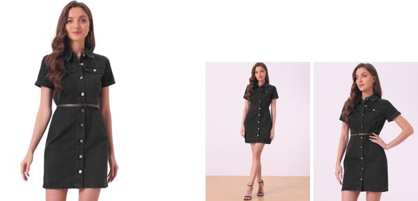 Allegra K デニムドレス シャツワンピース ポイントカラー 半袖 ベルト付き 膝上 ジーンズ スリム キュート レディース ブラック Mの通販は