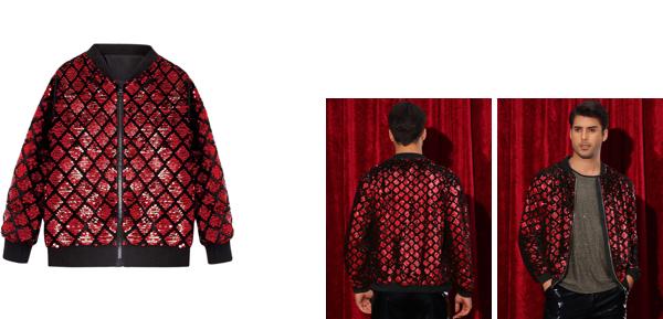 Lars Amadeus ボンバー ジャケット 長袖 アーガイル スパンコール ベースボール コート パーティー クラブ シャイニー メンズ レッド XLの通販は