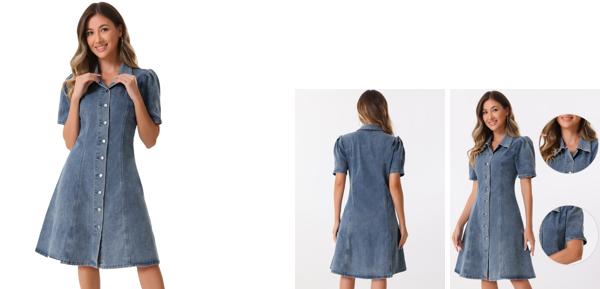 Allegra K レディース デニムドレス パフスリーブ ボタンダウンカラー ジーンズ Aラインドレス グレーブルー XLの通販は