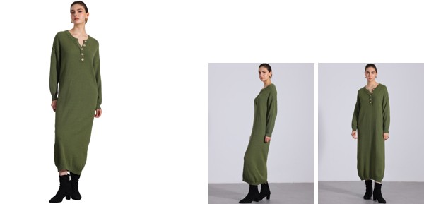 Allegra K レディース ニットドレス 長袖 ボタン 無地 クルーネック ニット ミディ セータードレス グリーン Lの通販は