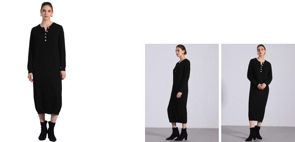 Allegra K レディース ニットドレス 長袖 ボタン 無地 クルーネック ニット ミディ セータードレス ブラック Lの通販は