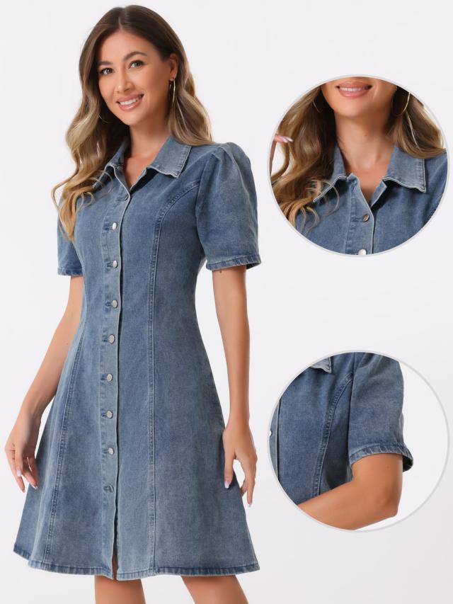 Allegra K レディース デニムドレス パフスリーブ ボタンダウンカラー ジーンズ Aラインドレス グレーブルー XLの通販は