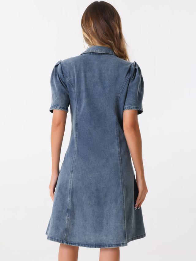 Allegra K レディース デニムドレス パフスリーブ ボタンダウンカラー ジーンズ Aラインドレス グレーブルー XLの通販は