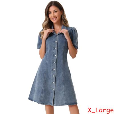 Allegra K レディース デニムドレス パフスリーブ ボタンダウンカラー ジーンズ Aラインドレス グレーブルー XLの通販は
