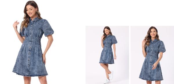 Allegra K レディース デニム パフスリーブ ドレス 半袖 襟付き ボタンダウン Aライン カジュアル ジーンズ ドレス グレーブルー XLの通販は 5,201円