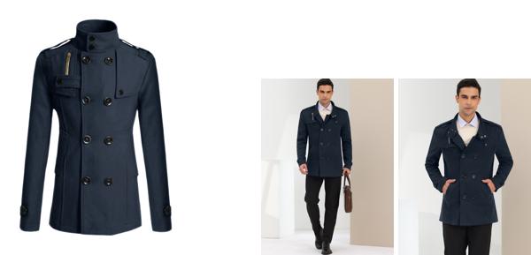 Lars Amadeus ピーコート トレンチコート ウィンター スタンドカラー ダブルブレスト ノッチラペル メンズ ネイビーブルー 2XLの通販は