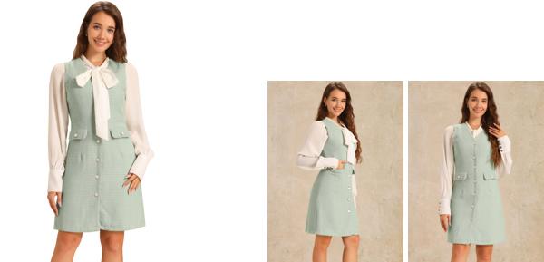 Allegra K V ネックワンピース ノースリーブドレス チェック柄 オーバーオール ボタン ツイード ポケット付き レディース グリーン XLの通販は