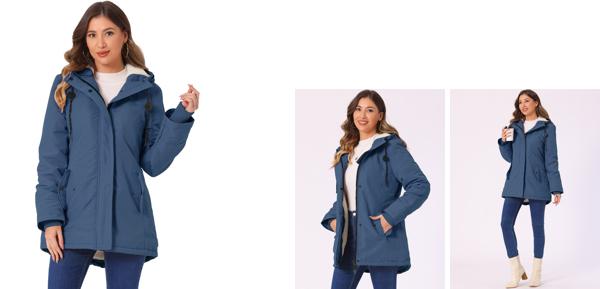 Allegra K レディース パーカーコート タイウエストポケット フェイクファー フード付きジャケット ネイビーブルー Mの通販は