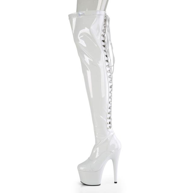 Pleaser(プリーザー)　ADORE-3063 バックレースストレッチサイハイブーツ ピンヒール 厚底 サイドZIP 光沢ホワイト エナメル白◆取り寄せ_2