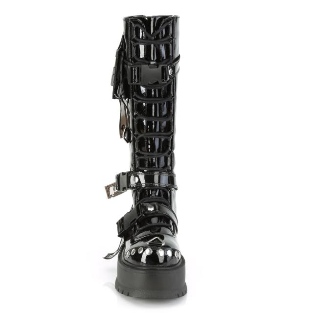 Demonia(デモニア) SLACKER-260 厚底ニーハイブーツ カーゴポケット クイックリリースバックルストラップ うしろ側ZIP エナメル黒◆取り寄せ
