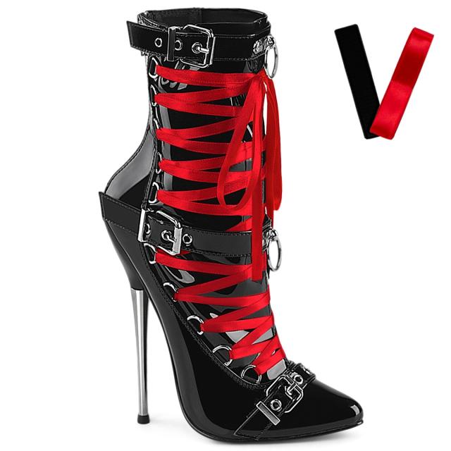 Devious(Pleaser) DAGGER-1032 黒と赤のレース付き メタルヒールアンクルブーツ バックルストラップ バックZIP エナメル黒◆取り寄せ