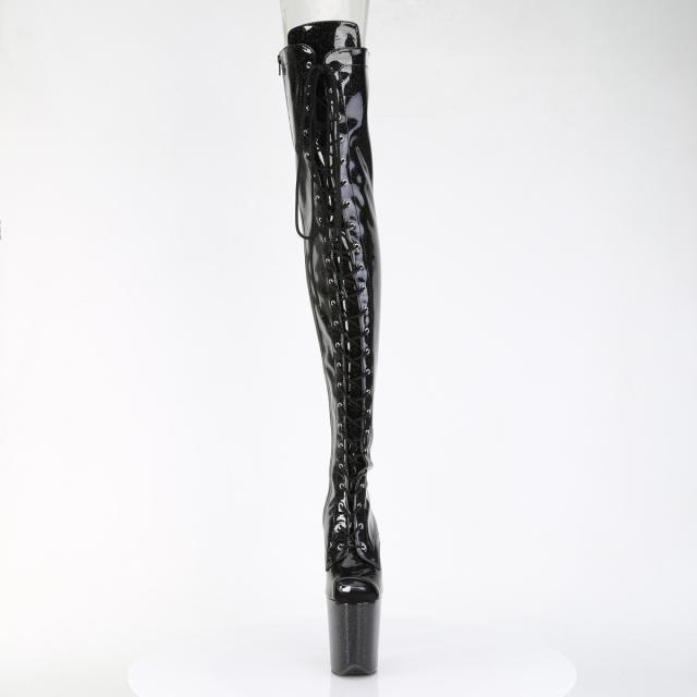 Pleaser(プリーザー) FLAMINGO-3021GP ピープトゥ レースアップサイハイブーツ 20cmヒール ブラックグリッター◆取り寄せ_1