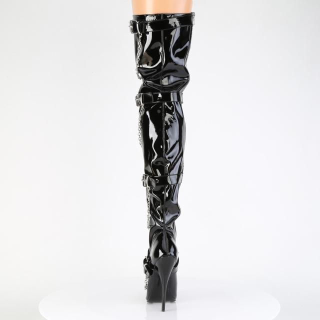 Devious(Pleaser) DOMINA-3027 サイハイブーツ 女王様ブーツ ハーネスストラップ チェーン ピンヒール サイドZIP エナメル黒◆取り寄せ_3