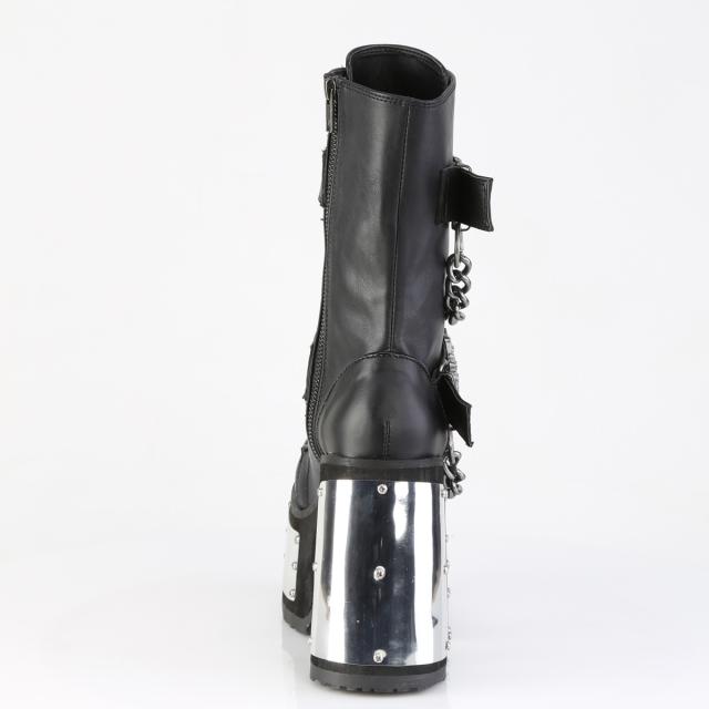 Demonia(デモニア) CAMEL-120 メタルパネル厚底ブーツ スケルトンハンドバックルストラップ チェーン サイドZIP つや消し黒◆取り寄せ Demonia(デモニア) CAMEL-120 メタルパネル厚底ブーツ スケルトン