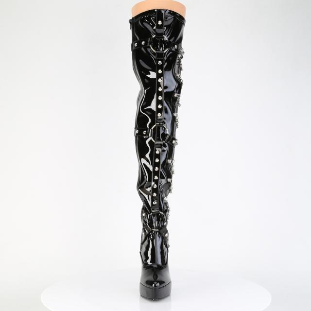 Devious(Pleaser) INDULGE-3026 サイドメッシュパネル サイハイブーツ チェーン スタッズ サイドZIP エナメル黒◆取り寄せ_1