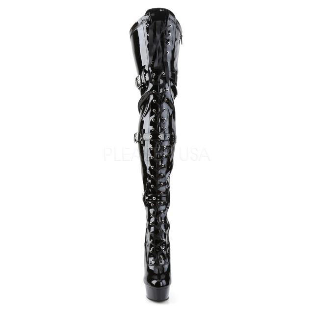 Pleaser(プリーザー) DELIGHT-3028 サイハイブーツ トリプルバックル 編み上げ＋ジッパー　 エナメル黒 約15cmヒール◆取り寄せ_1