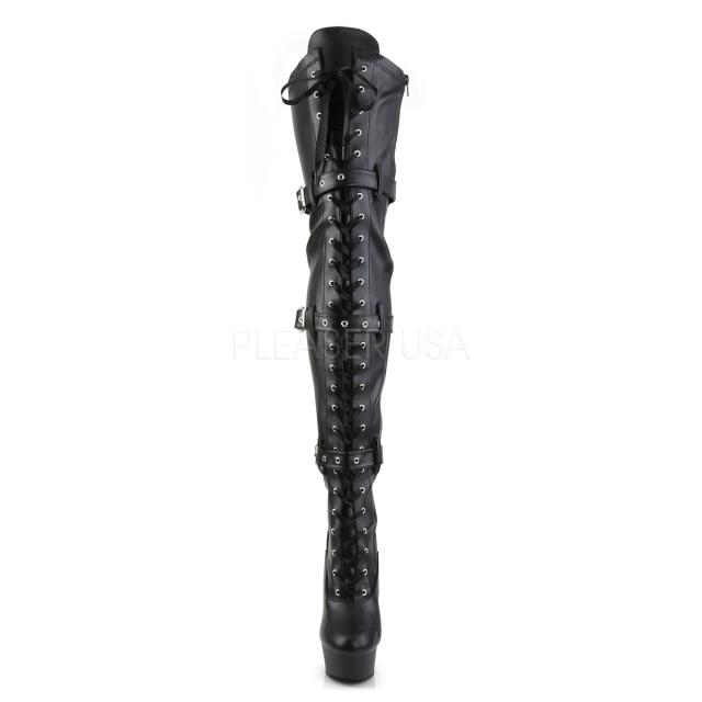 Pleaser(プリーザー) DELIGHT-3028 サイハイブーツ トリプルバックル 編み上げ＋ジッパー つや消し黒 約15cmヒール◆取り寄せ_1
