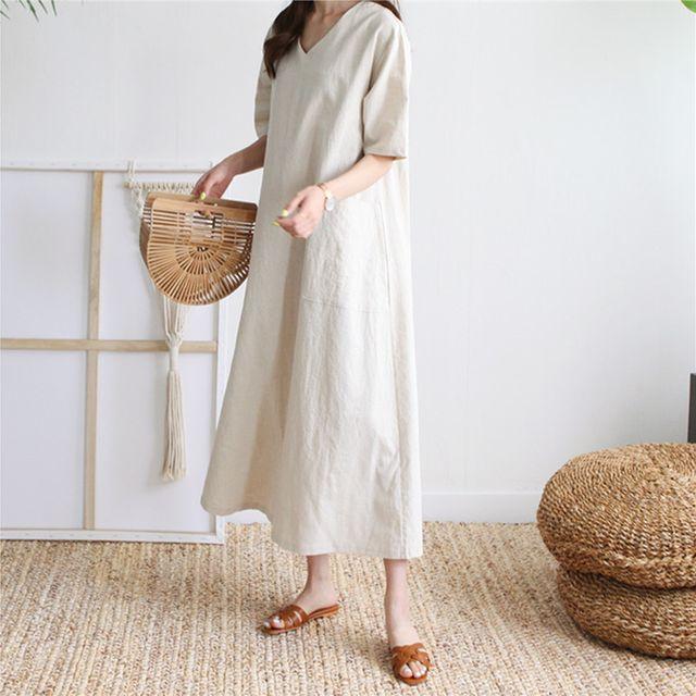 ゆったりリネンワンピース ワンピース マキシロング丈 リネン Vネック 半袖 マキシロング丈 シンプル フェミニン きれいめカジュアル カの通販はau Pay マーケット ショップワラー