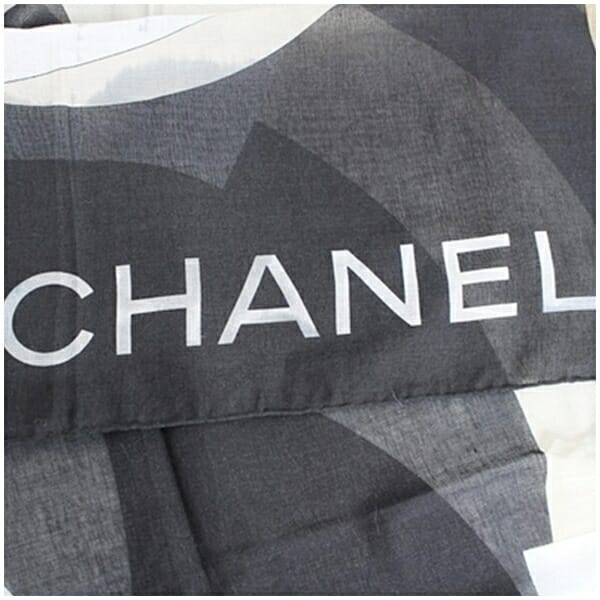 シャネル コットン 大判ストール 長方形 ブラック×グレー×カーキ ロゴ  