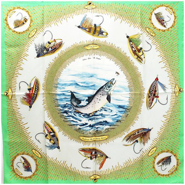 ハンティングワールド シルク スカーフ ライトグリーン×アイボリー 魚  