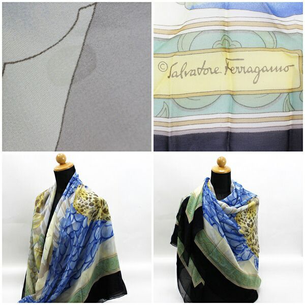 サルバトーレ フェラガモ 大判 シフォン スカーフ ブラック×グリーン