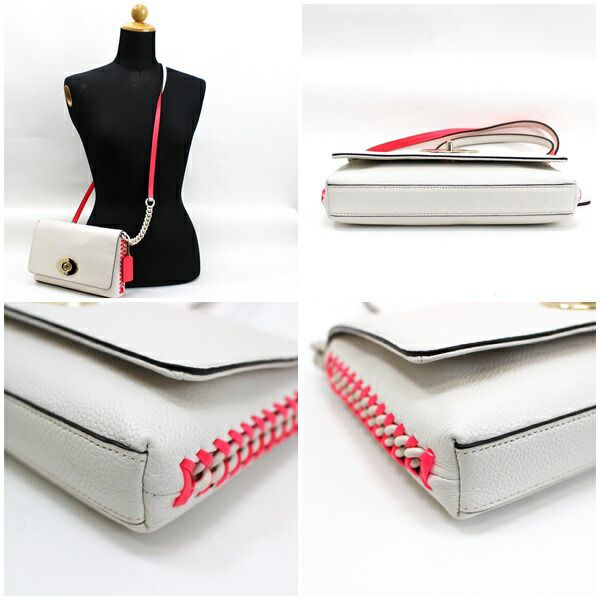 コーチ ショルダーバッグ CROSSTOWN×BODY レザー 斜め掛け ゴールド金具 ホワイト×蛍光ピンク 53235中古 コーチ ショルダーバッグ CROSSTOWN×BODY レザー 斜め掛け ゴールド