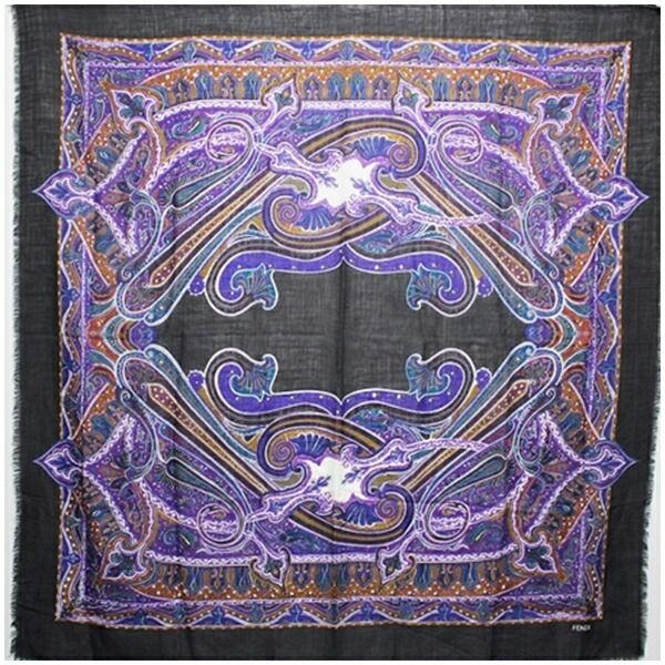 フェンディ ウール 大判 スカーフ ストール ダークグレー×パープル ペイズリー 中古 ABランク FENDI |