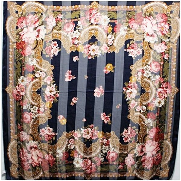 バレンチノ ガラヴァーニ 大判 シルク スカーフ ストール ネイビー 花柄 中古 ABランク VALENTINO