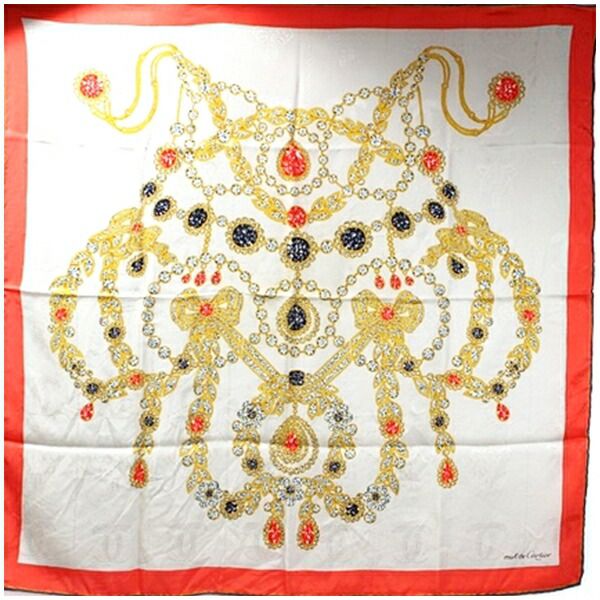 カルティエ マストドゥカルティエ シルク スカーフ ベージュ×オレンジ 宝石柄 中古 Aランク Cartier |