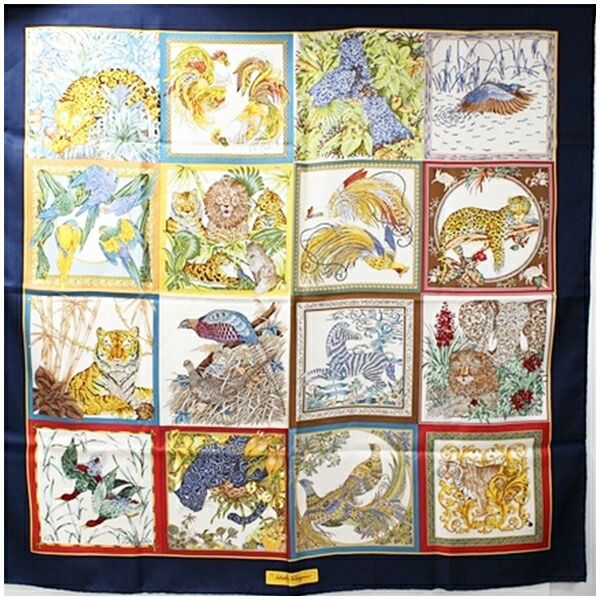 サルバトーレフェラガモ シルク スカーフ 鳥・動物柄 オフホワイト×ネイビー 中古 Aランク Salvatore