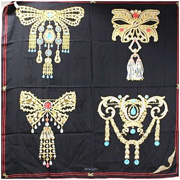 カルティエ マスト ドゥ カルティエ シルク スカーフ ブラック 宝石柄 中古 Aランク Cartier  | レディース