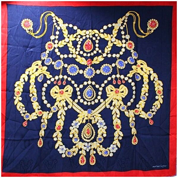 カルティエ マスト ドゥ カルティエ シルク スカーフ ネイビー×レッド 宝石柄 中古 ABランク Cartier  |