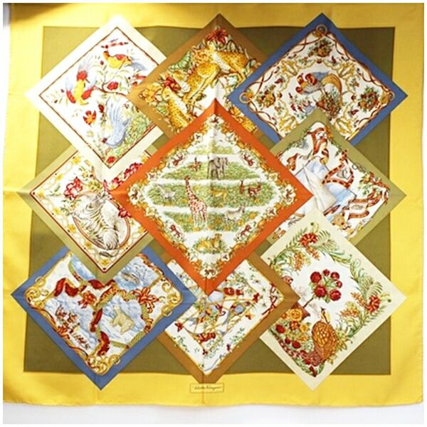 サルバトーレフェラガモ スカーフ カーキ×マルチカラー 動物・鳥柄 中古 ABランク Salvatore Ferragamo