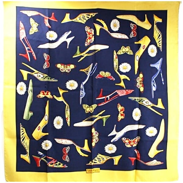 サルバトーレフェラガモ シルク スカーフ マスタード ネイビー パンプス柄 中古 ABランク Salvatore