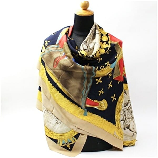 ブルーシエル シルク 大判スカーフ ベージュ マルチカラー 中古 A