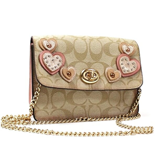 コーチ シグネチャー チェーン ショルダーバッグ F51332 ベージュ ピンク PVC レザー 中古 ABランク