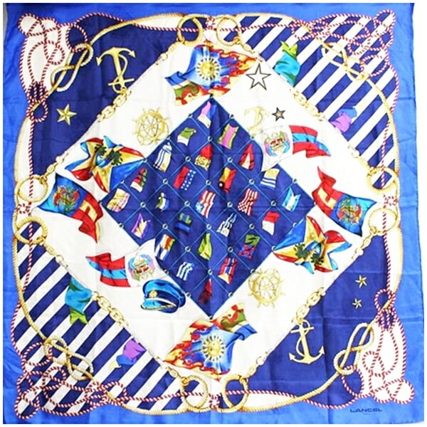 ランセル シルク 大判スカーフ ホワイト ネイビー ブルー 中古 ABランク LANCEL レディース 女性用